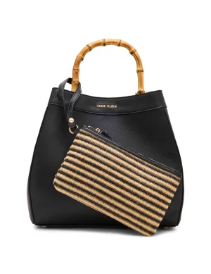 Bamboo Handle Satchel with Detachable Strap
