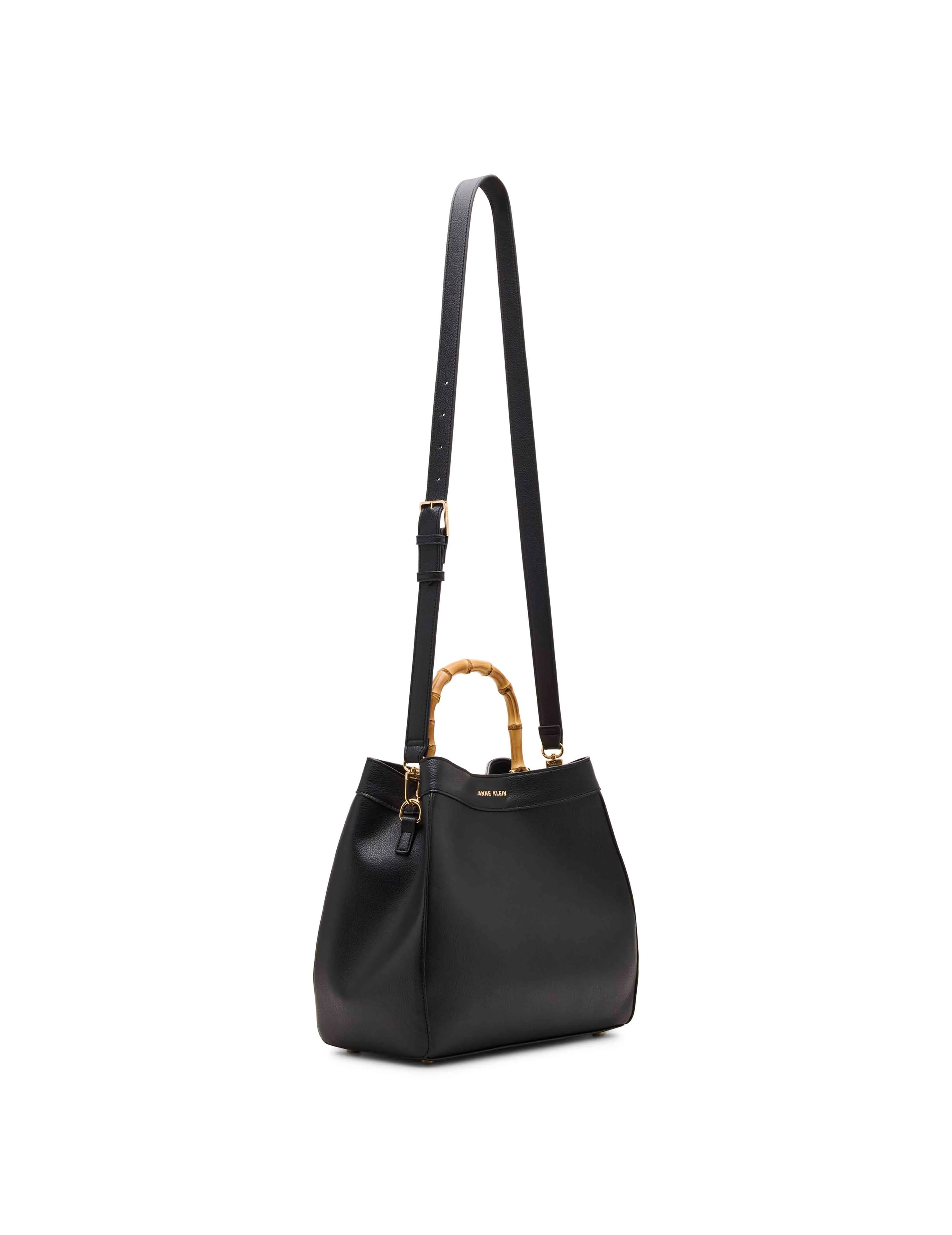 Bamboo Handle Satchel with Detachable Strap