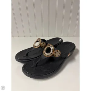 Sandals Flip Flops By Crocs In Black & Gold, Size: 10