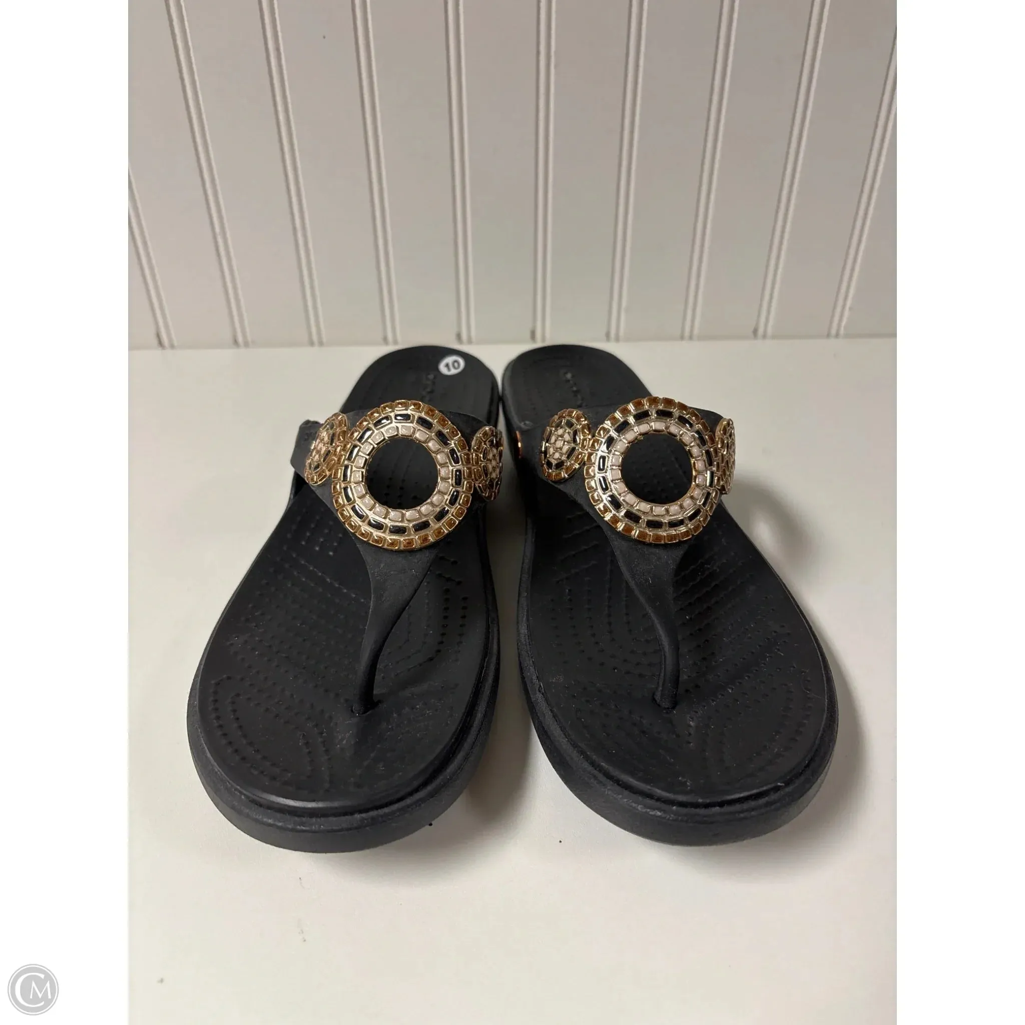 Sandals Flip Flops By Crocs In Black & Gold, Size: 10